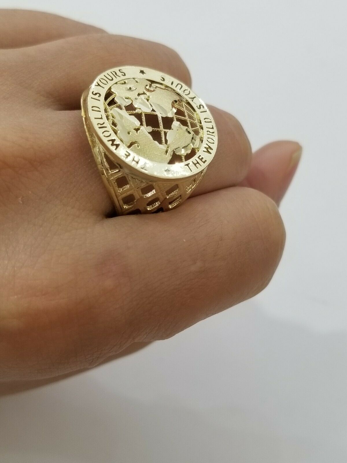 Real 10k Yellow Gold World Map Mens Ring The World Is Yours Engraved Ring Unique - GoldenlinQ